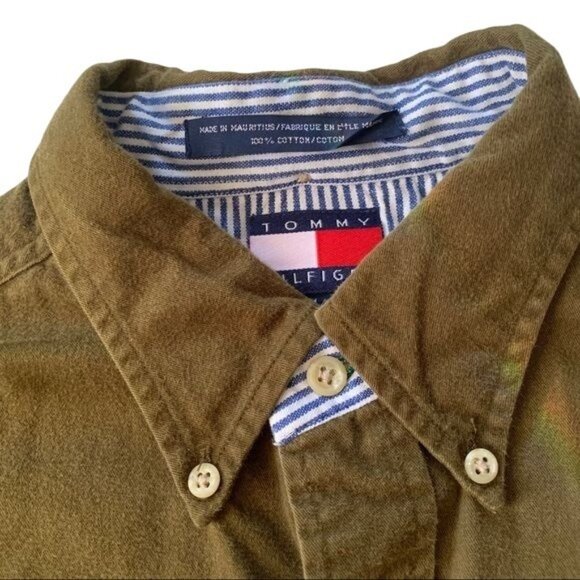 Vintage Grunge 90’s Olive Green Tommy Hilfiger Crest Logo Shirt M - Picture 5 of 9